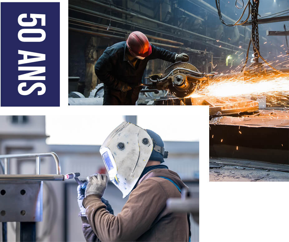 Montage avec mention '50 ans' de métallurgistes en action. Meulage ou coupe de métal et Soudage avec torche TIG